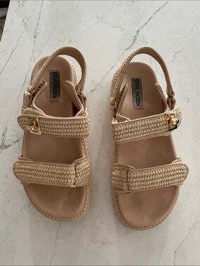 Steve Madden Natural Woven Two-Strap Sandals with Gold Buckles